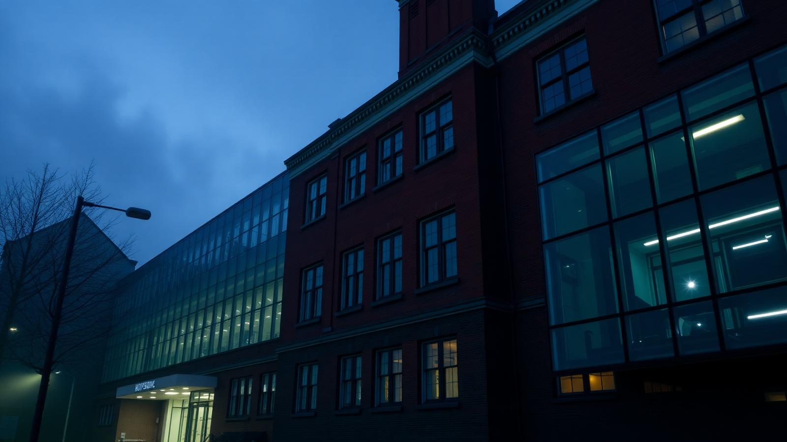 NHS hospital at dusk